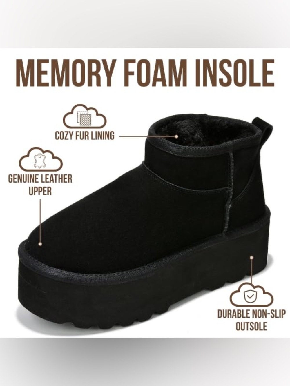 Black Platform real Suede Ankle snow Boot - Women